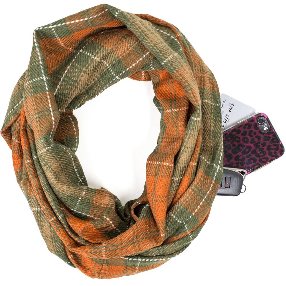 Green & Orange Plaid Infinity Scarf with Hidden Zipper Pocket Scarf